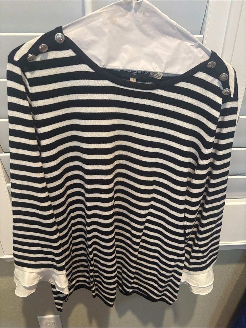 Karl Lagerfeld Black & White Striped Crew Knit Top